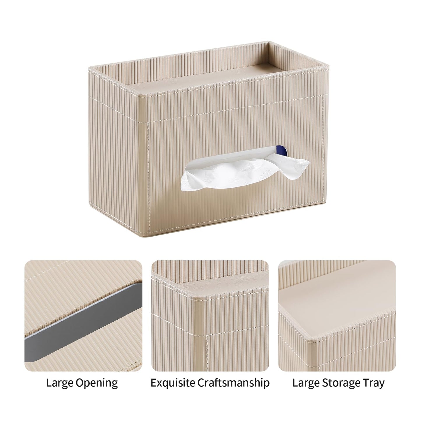 Cretkhp Tissue Box Cover Rectangle with Storage Tray, PU Leather Tissue Holder for Bathroom Vanity Countertop Night Stands Bedroom Office Desk, Stylish Rectangular Tissue Box Holder (Beige)