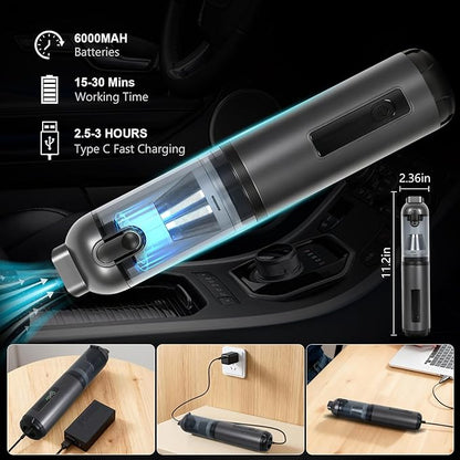 Car Vacuum Portable Cordless, 17000Pa 2 in 1 Vacuum Cleaner&Air Duster, 100W Brushless Motor Handheld Vacuum Cordless with 6000mAh Battery, Multi-Nozzles for Car, Home, Office, Pet