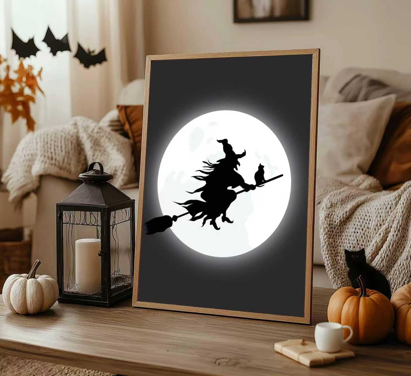Halloween Horror Ghost Canvas wall art Witch flying on a broom Painting Picture Wall Decor Goth Dark Moody Poster Print Artwork for Halloween Party in Living Room and Bedroom Home Decoration