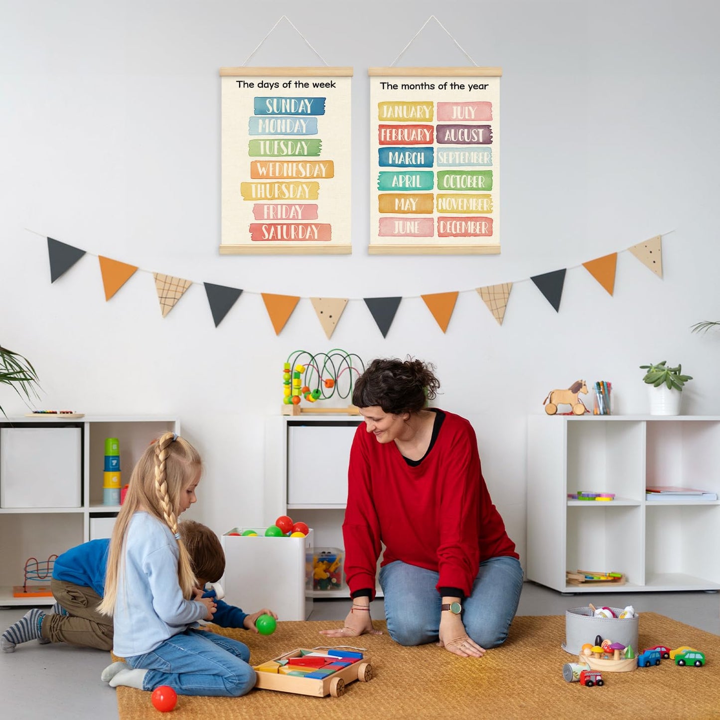 Lacama Week Month Decor Poster Hanger Frame Set of 2, Educational Posters,Preschool Wall Art with Wooden Frames, Boho Classroom Wall Hanging Banner Decor for Toddlers Room Playroom, 12x16 Inch