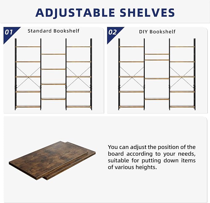 NUMENN Triple 5 Tier Bookshelf, Wide Book Shelf