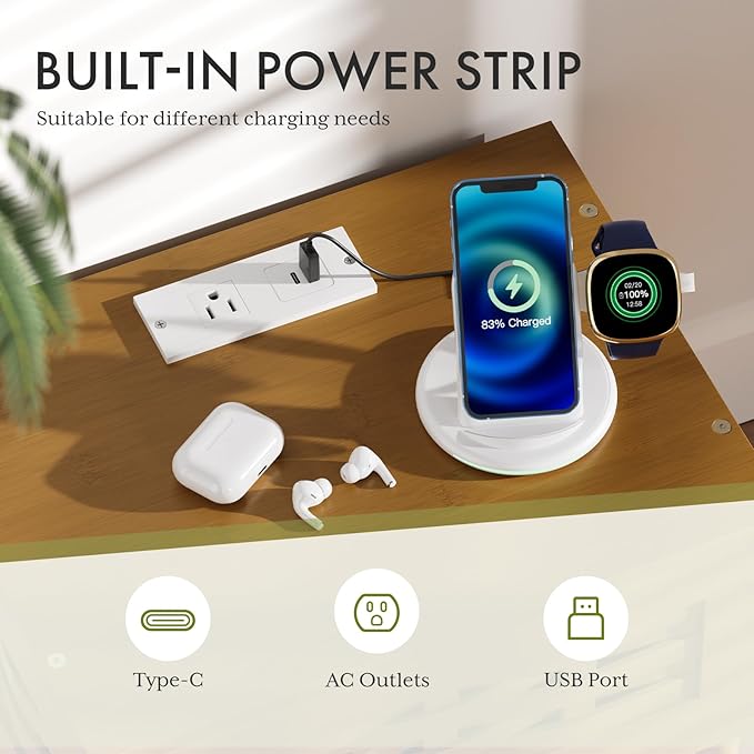 Amazer Walnut Nightstand with Charging Station, Bamboo Night Stand