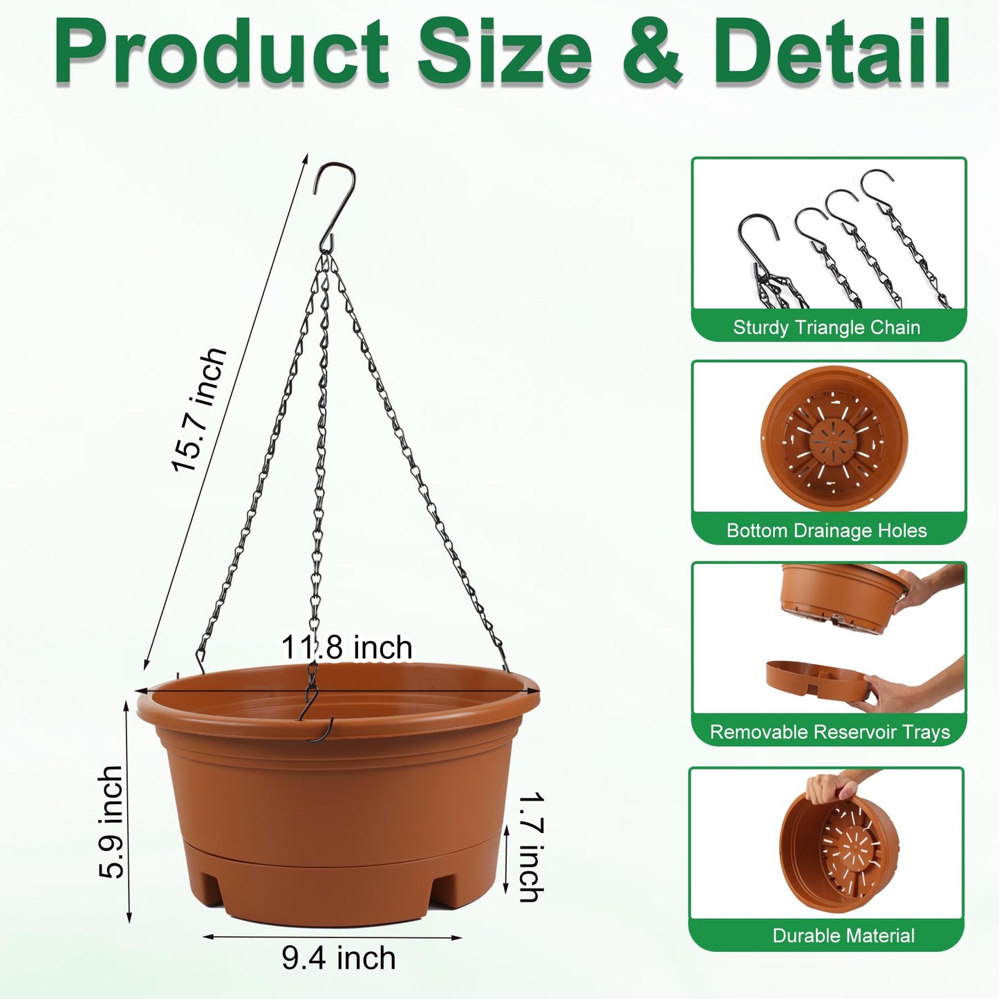 12 Inch Large Hanging Planters for Ootdoor Plants, 4 Pack Plastic Hanging Basket Pots with Drainage Trays & Chain, Hanging Pots for Plants Indoor Outdoor Garden Balcony Decoration (Terracotta)