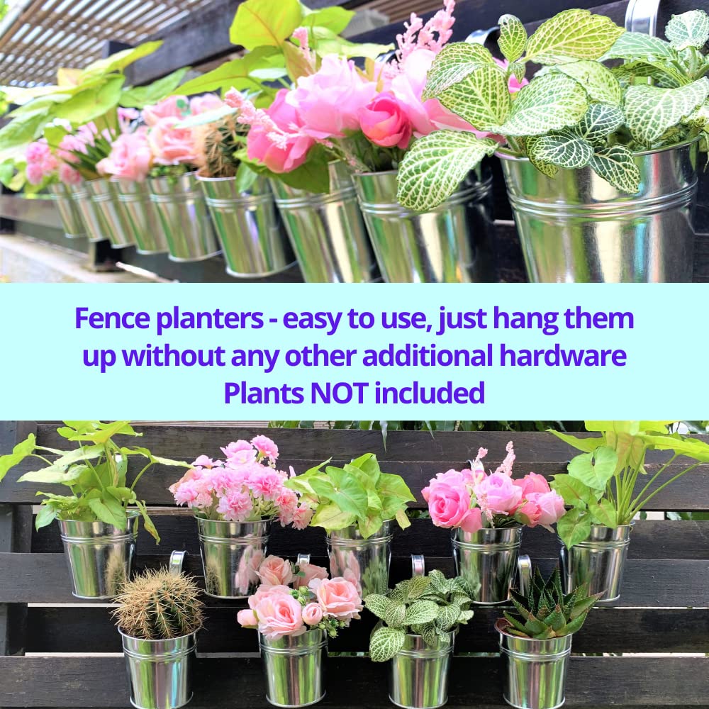 LaLaGreen Fence Planters for Outdoor Plants (10 Pack, 4 Inch) Balcony Planter Railing Hanging, Small Silver Metal Flower Pot Rail Wall Cute Farmhouse Garden Rustic Deck Porch Window Box Bucket Decor