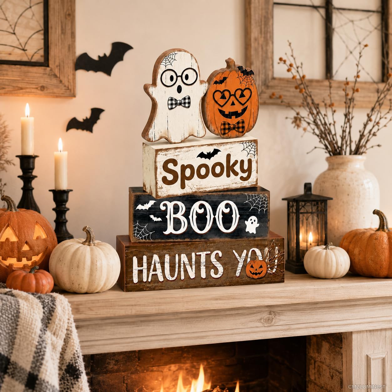 4 Pcs Halloween Decorations, Wooden Ghost and Pumpkin Block Signs Featuring Glasses Design, Farmhouse Cute Halloween Tiered Tray Decor, Spooky Boo Haunts You Table Centerpiece for Home Office Mantel Kitchen Shelf