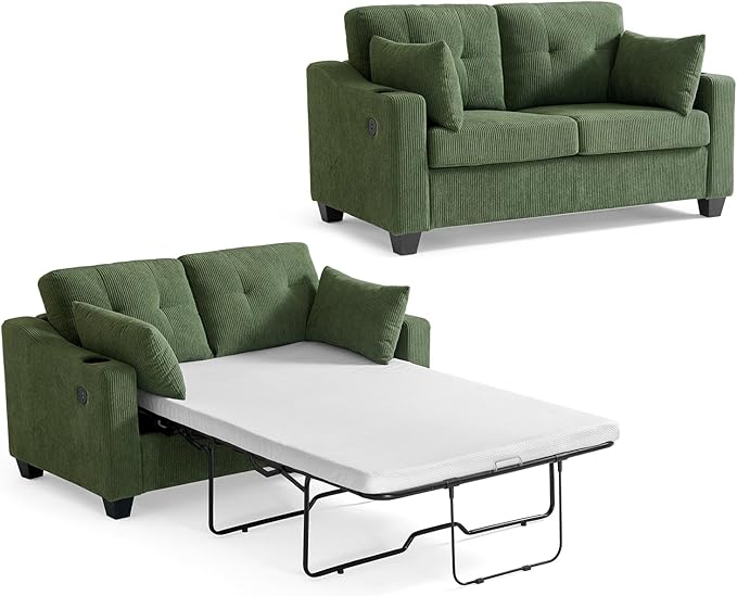 Full Size Pull Out Sleeper Sofa Bed, 2-in-1 Convertible Corduroy Pull Out Couch