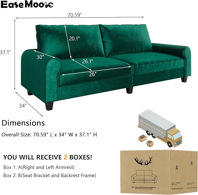 EASE MOOSE 70.6" Velvet Loveseat Sofa, Soft Deep Seat Couches