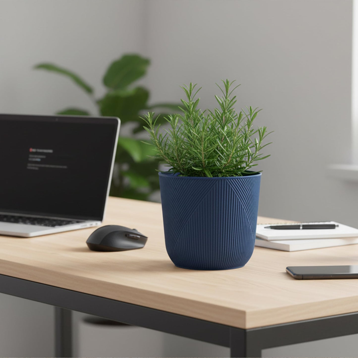Dexceder 9x8 Striped Table Flower Plant Pot with Drainage Hole & Removable Plug (2 Pack, Deep Blue)