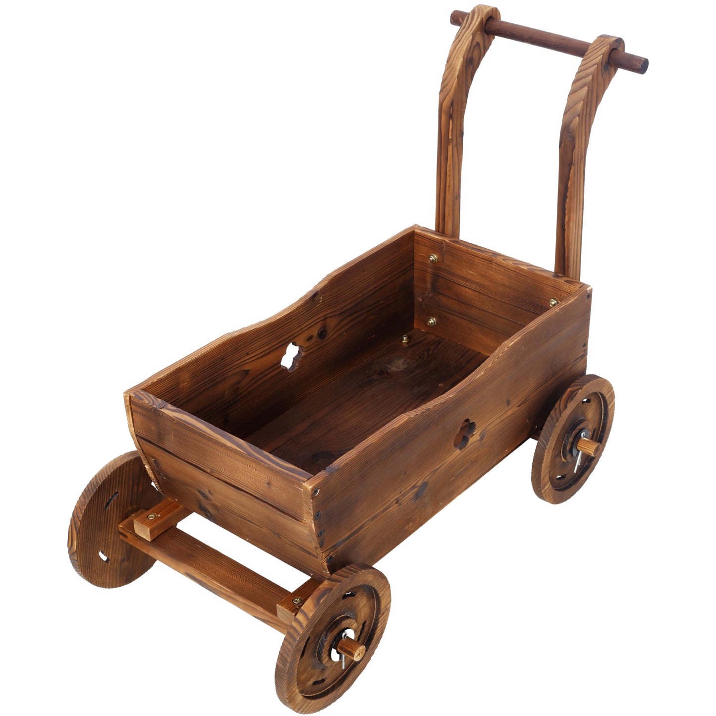 VRAXO Wooden Wagon Planter Box, Mobile Garden Planter with 4 Wheels, Handle, Drain Hole, Decorative Flower Planter for Indoor & Outdoor Decor, Wooden Flower Cart for Patio, Garden, Balcony, Brown
