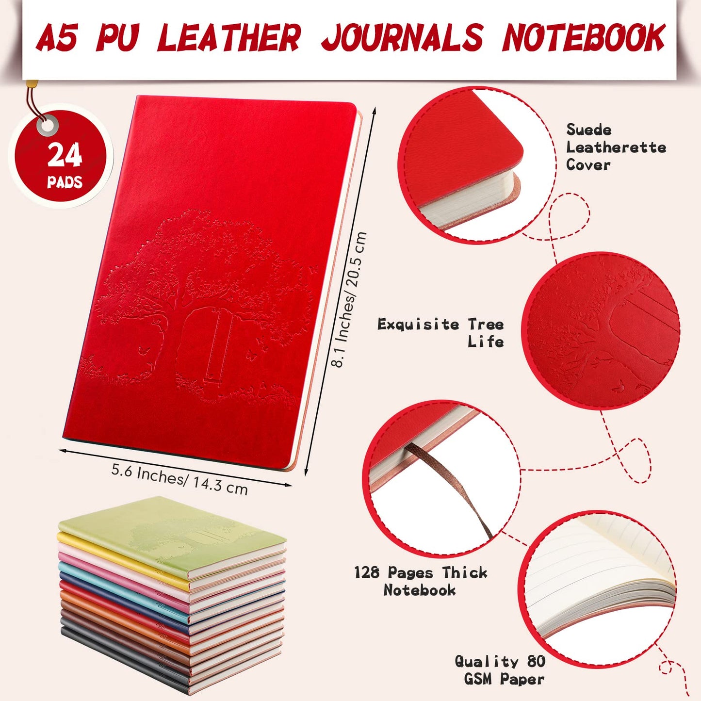 TaoBary A5 PU Leather Journals Bulk Colorful Tree Journal Notebook Soft Leather Cover Lined Ruled Writing Notebook for Back to School Office Group Team Volunteer(Bright Colors,24 Pcs)