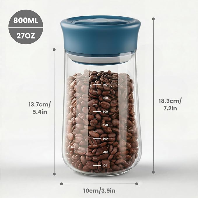 LAKUMIQI Overnight Oats Containers with Lids, 2 Pack 27oz Glass Jars with Airtight Lids, Wide Mouth Mason Jars, Food Coffee Bean Storage Containers for Yogurt, Chia Pudding, Snack, Salad(Blue+Grey)