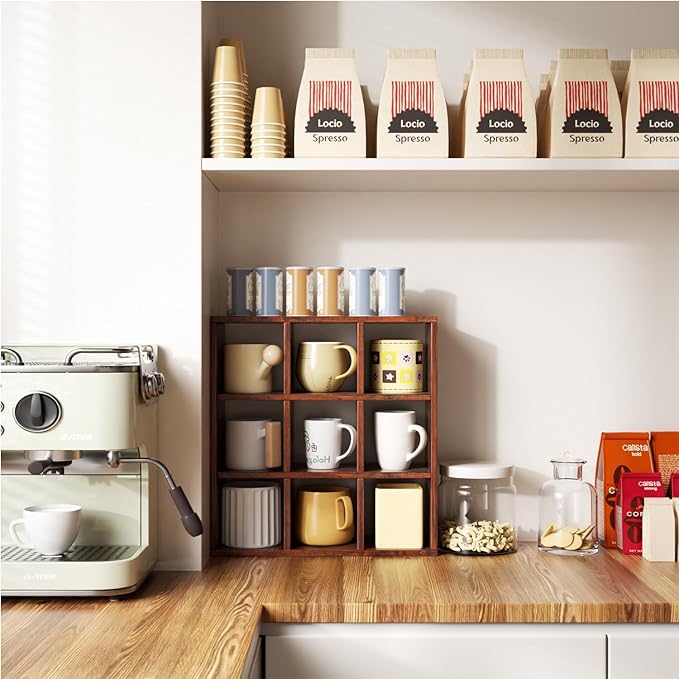 Helsin 9 Grid Vintage Coffee Mug Display Rack, 16inch Wall Mounted Wooden Curio