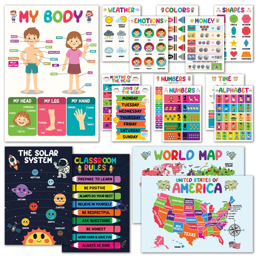 16pcs Colorful Educational Posters for 5-7 Toddlers, LAMINATED Math, Classroom Posters Preschool, Elementary Preschool, Toddler Learning Print, Preschool Posters for Toddlers, Learning Wall Prints