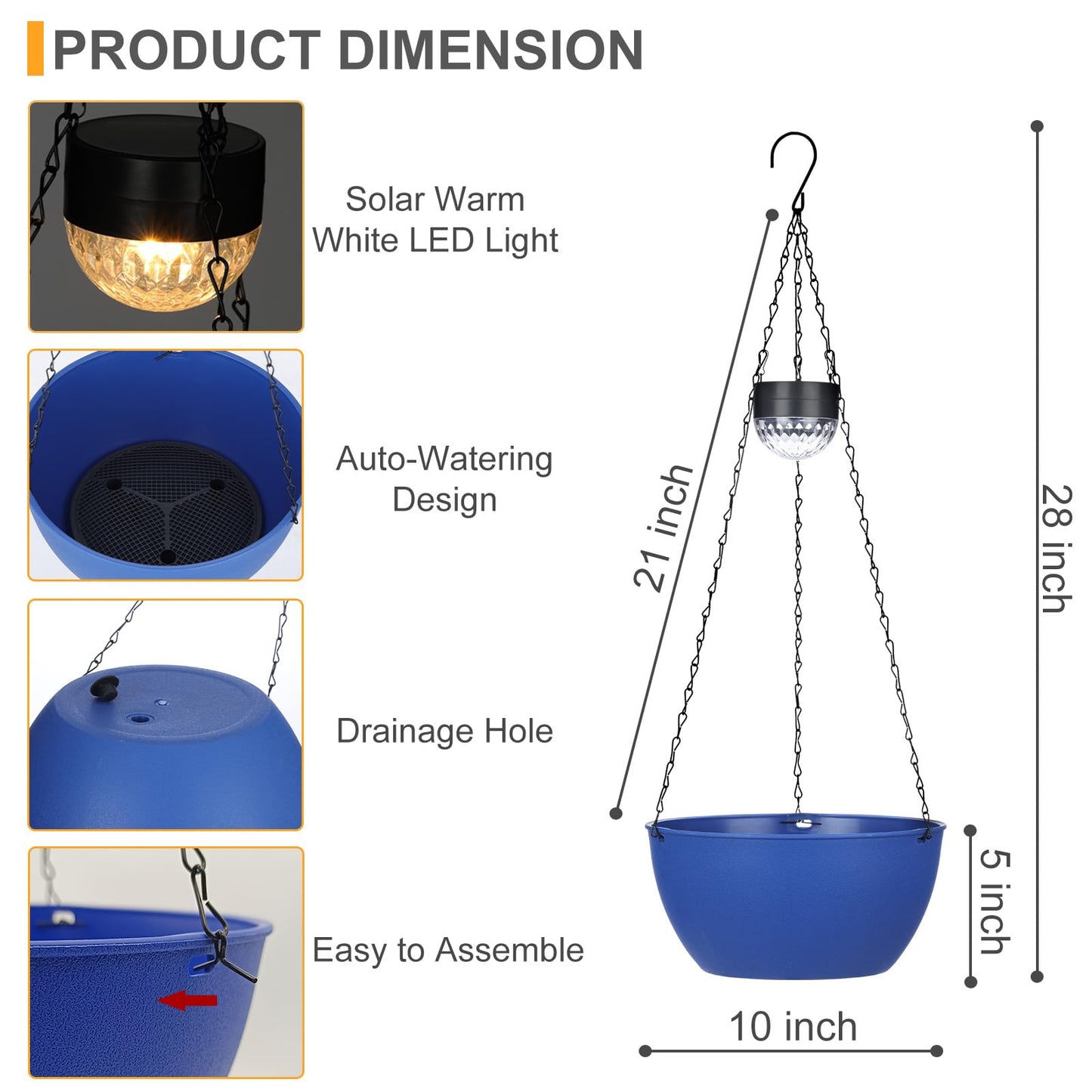 SUNNYPARK 2 Packs Hanging Planters Basket for Outdoor Plants, Solar Powered Self Watering Blue Round Plastic Flower Pots with Drainer for Balcony Patio Garden Outdoor Decoration