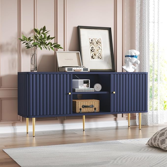 ARTPOWER 55” Fluted TV Stand, Mid Century Modern Blue TV Stand