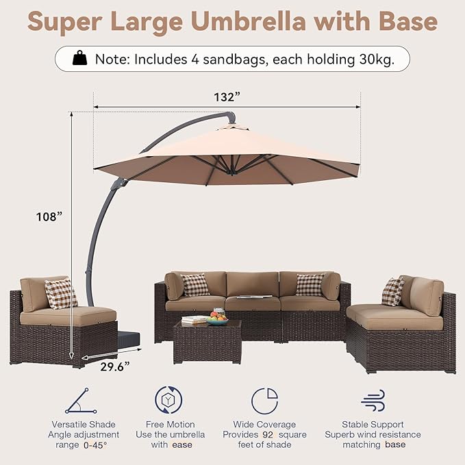 Aoxun Patio Furniture Set with Umbrella, 8 Piece Outdoor Sectional Sofas