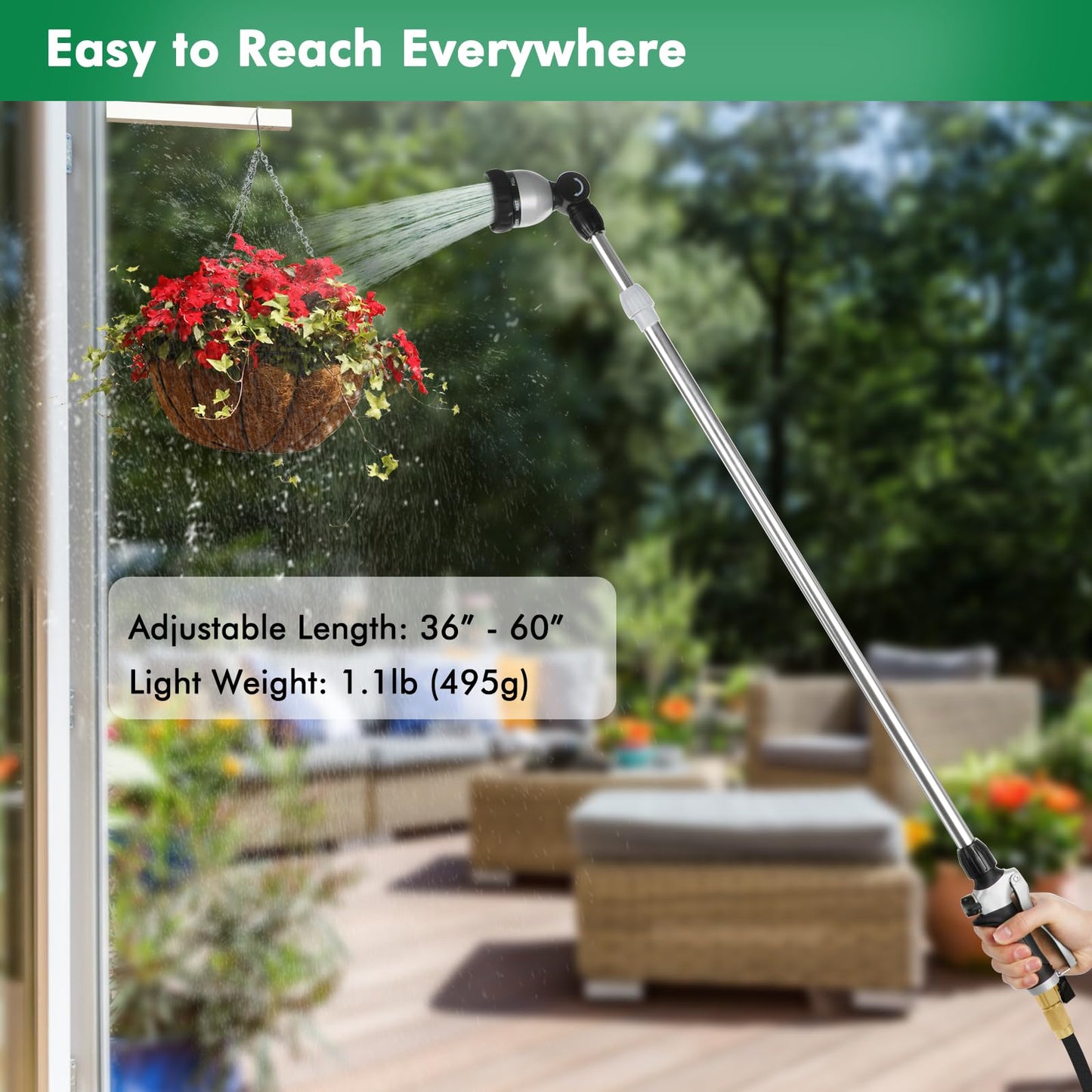 RESTMO 36”-60” Metal Watering Wand, Long Telescopic Tube | 180° Adjustable Ratcheting Head | 7 Spray Patterns | Flow Control, Perfect Garden Hose Sprayer to Water Hanging Baskets, Shrubs, Black