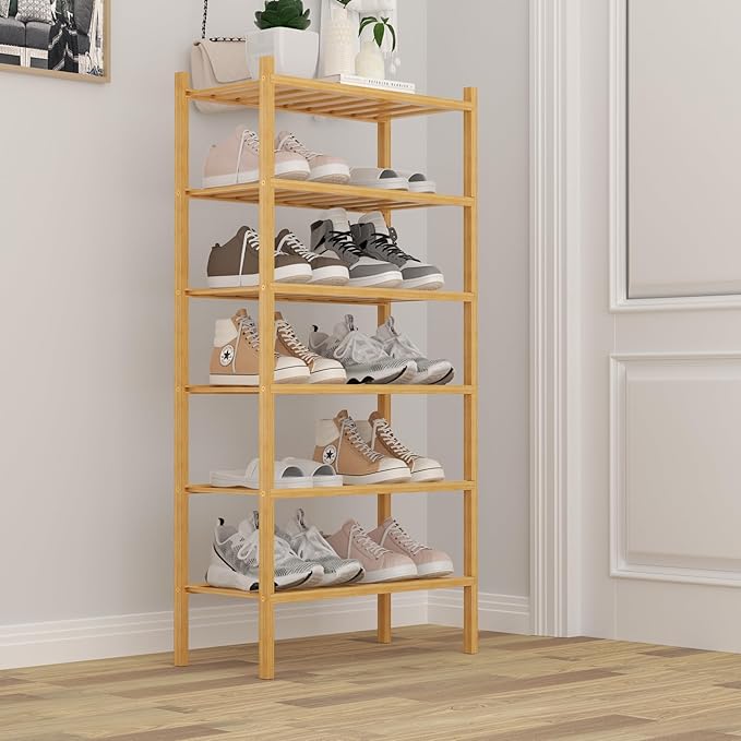 ROMGUAR CRAFT 6-Tier Bamboo Small Shoe Rack, Free Standing Wood Shoe Shelf