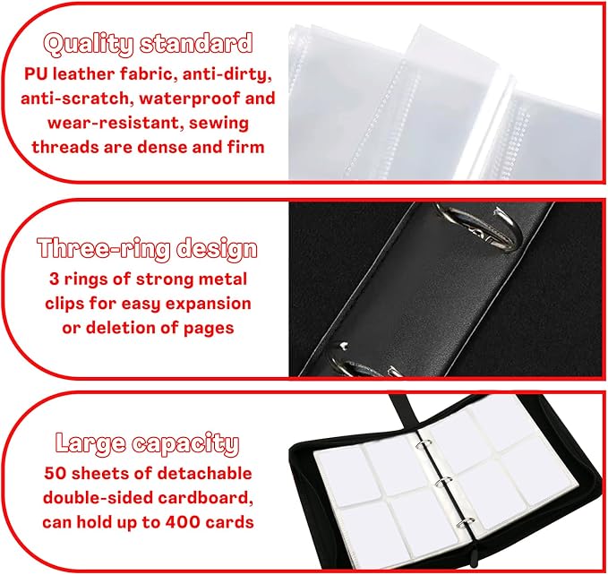 Card Binder with 4 Pockets with Zipper for 50 Pages, 400 Removable Pocket PU Waterproof Trading Collection Binder, 3 Rings Zipper Portable Card Album for MTG TCG Sports Cards Game Cards as Gift, Red