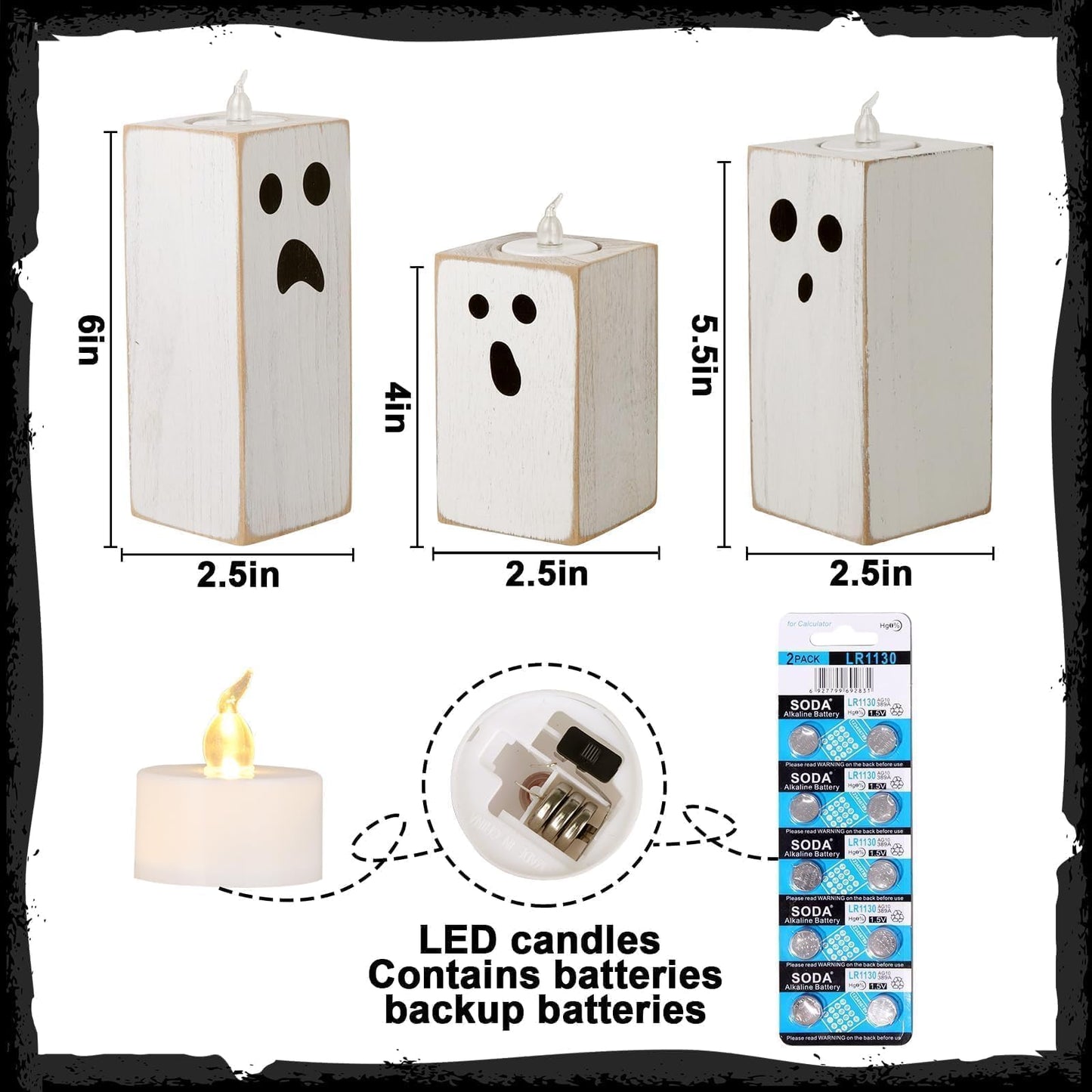 Treory Halloween Decorations: 3pcs Cute White Ghost Decor, Farmhouse Wooden Ghost Sign with Flameless LED Tea Lights, Rustic Room Decor for Kids Home Office School Desk Fireplace