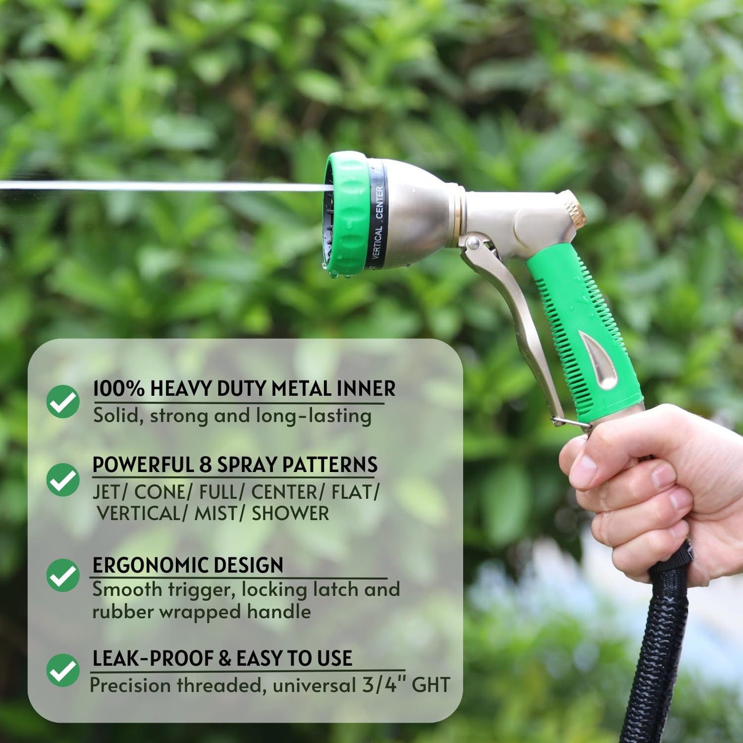 HOSUN Garden Hose Nozzle Sprayer Heavy Duty, 100% Metal Water Hose Nozzle with 8 Spray Patterns, High Pressure Hose Spray Nozzle with Non-Slip Grip for Watering Plant & Lawn, Washing Car & Pet, Green