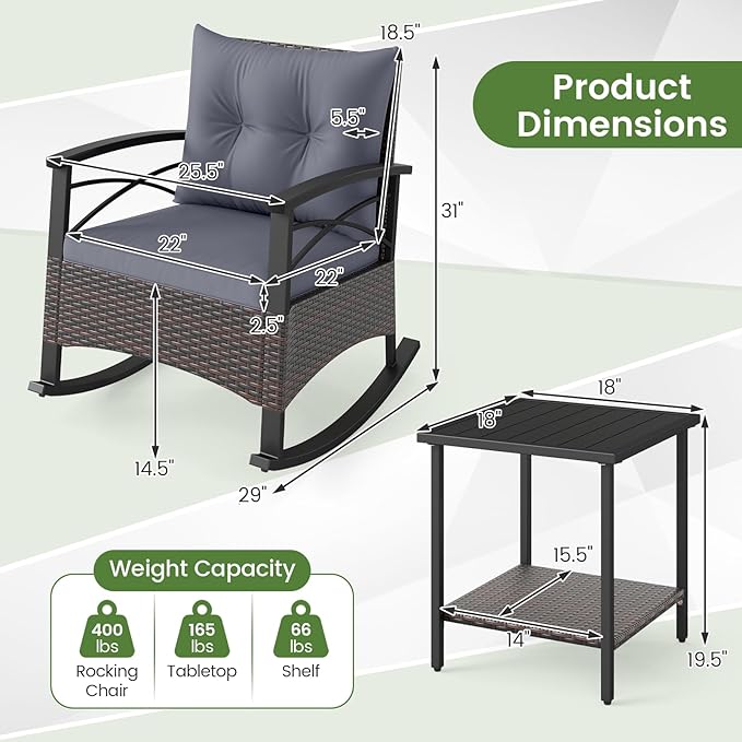 Tangkula 3 Pieces Outdoor Rocking Chairs Set, Rattan Heavy Duty Cushioned