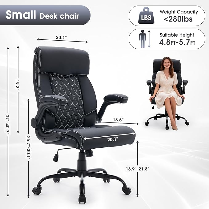 High Back Office Chair with Flip-up Armrests, Leather Comfy Desk Chair with
