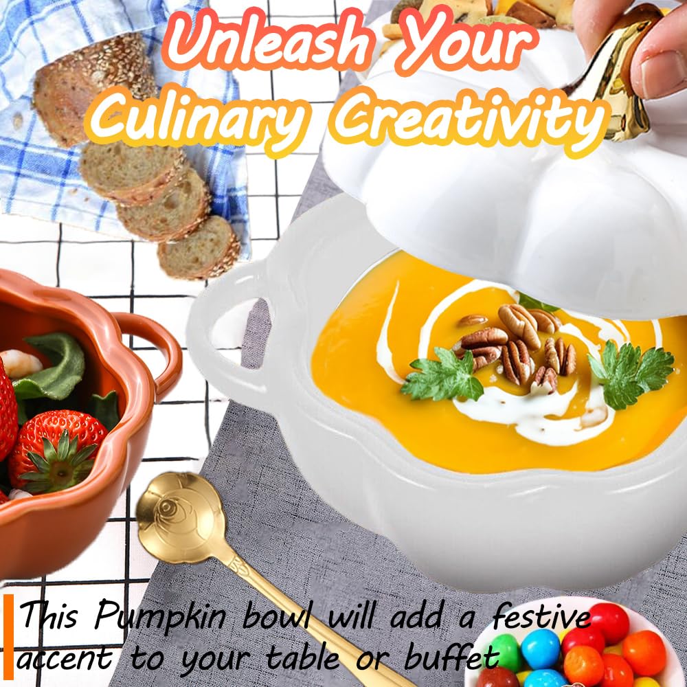 Fall Pumpkin Ceramic Bowl with Lid, 15 oz Microwave & Dishwasher Safe Pumpkin Soup Bowl with Handle, Pumpkin Decor Storage Jar for Home Thanksgiving Halloween Party, Pumpkin Dish,Halloween Candy Bowl
