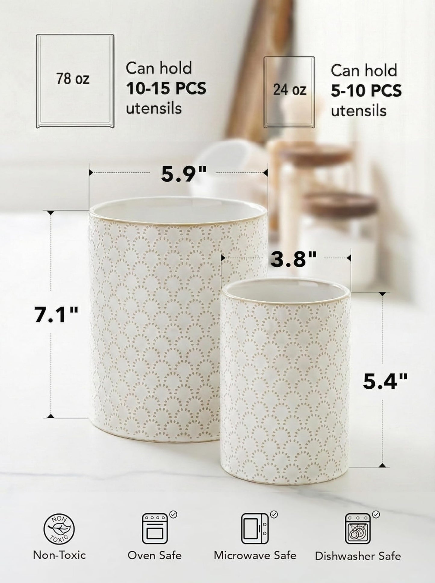 LE TAUCI Kitchen Utensil Holder for Countertop - 7.1"+5.4" Ceramic Utensil Crock Set of 2, Large Cooking Utensil Organizer for Spatula, Spoon, Whisk - Farmhouse Storage, Embossed, Fireworks