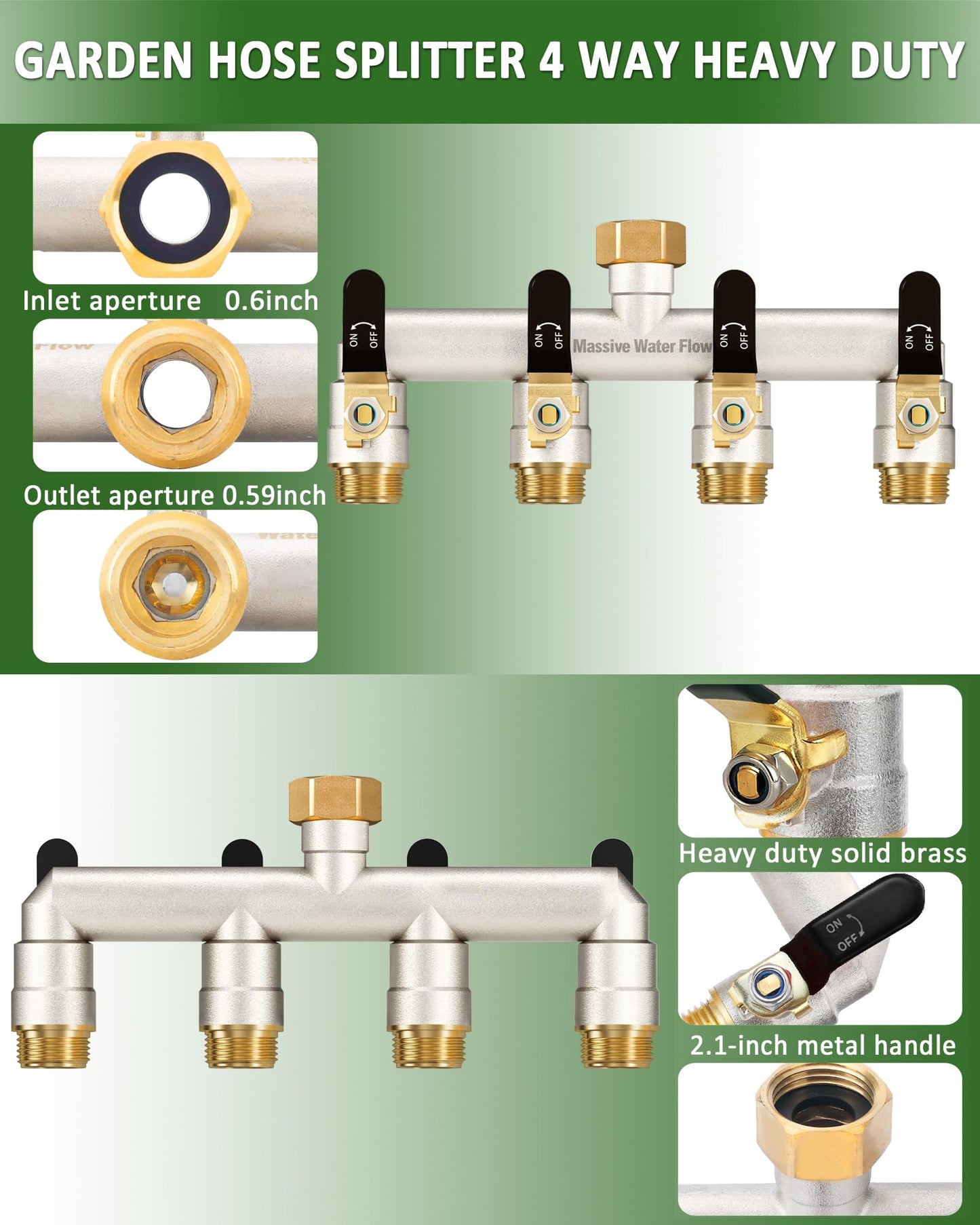 4 Way Hose Splitter Heavy Duty, Garden Hose Splitter with 4 Long Handle, Full Flow Brass Nickel Plated Water Hose T Spigot Splitter Adapter Connector, 3/4 - Inch GHT Thread (Black)
