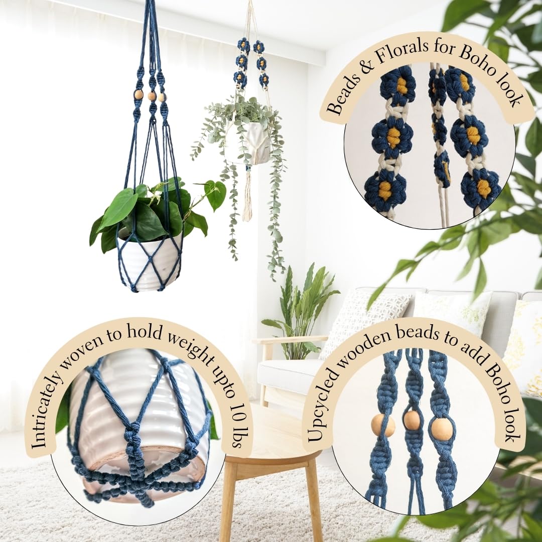 Set of 2 Macrame plant hanger with Daisies & Beads | Hanging plant holder Macrame Plant hangers outdoor and indoor hanging planters Plant stand indoor Boho Decor hanging planter stand (Peacock Blue)