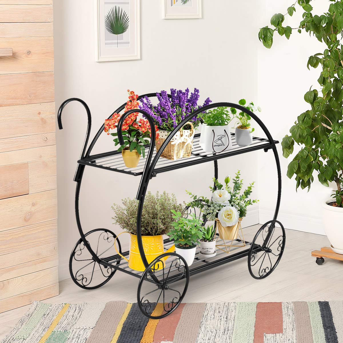 Giantex Garden Cart Metal Plant Stand with 4 Decorative Wheels, Succulent Collection Flower Pot Holder Display Shelf for Home Patio Garden Flower Shop, Parisian Style Plant Potted Rack (2-Tier)