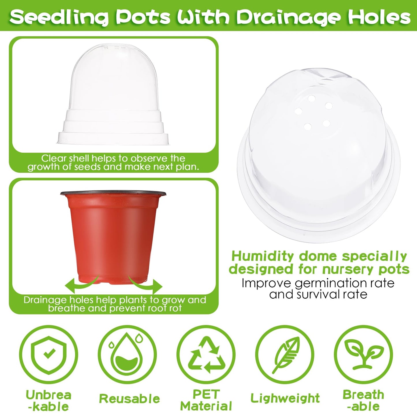 Hushee 70 Pcs Plant Trays Pot Set 10 No Holes Seedling Tray 14.5 x 9 x 2.3 Inch with 60 4 Inch Plastic Clear Plant Nursery Pots Gardening Pot Planting Containers 60 Plant Humidity Dome 60 Plant Labels