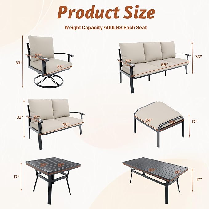 HOMREST Patio Furniture Sets 7 PCS Outdoor Metal Conversation Sets, 360 Degree
