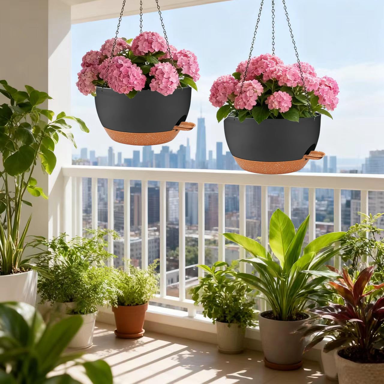 CNLBO 12 Inch Self Watering Hanging Planters 2 Pack, Indoor Outdoor Hanging Pots for Plants with Drainage Holes & Saucers, Black Brown Plastic Hanging Baskets for Kitchen Balcony Garden