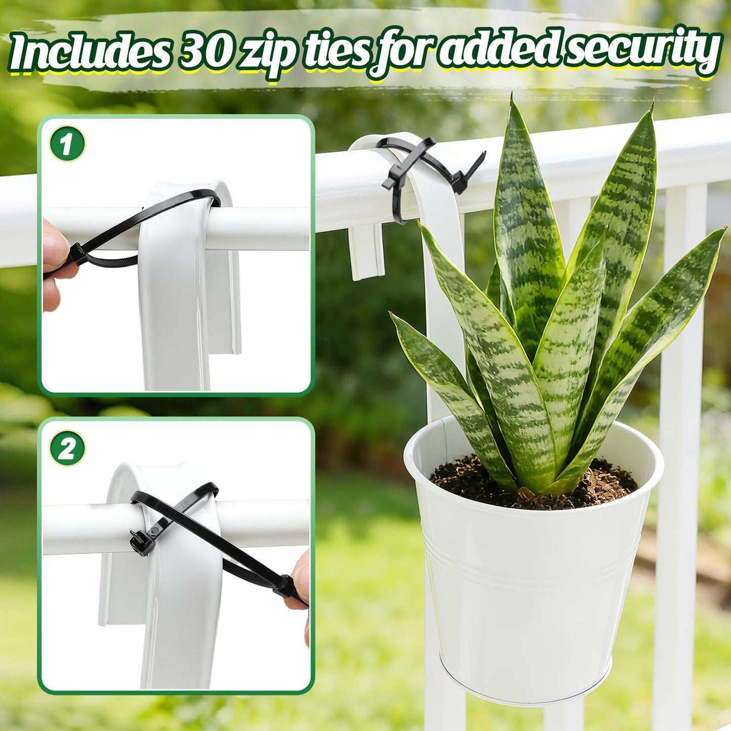 MADHOLLY 6Pcs Railing Planter with Drainage - 10.8" & 5.1" Bucket Pots for Balcony Railing, Metal Iron Hanging Flower Pots for Herb Planter Outdoor Deck & Rail Decor with Hook, White