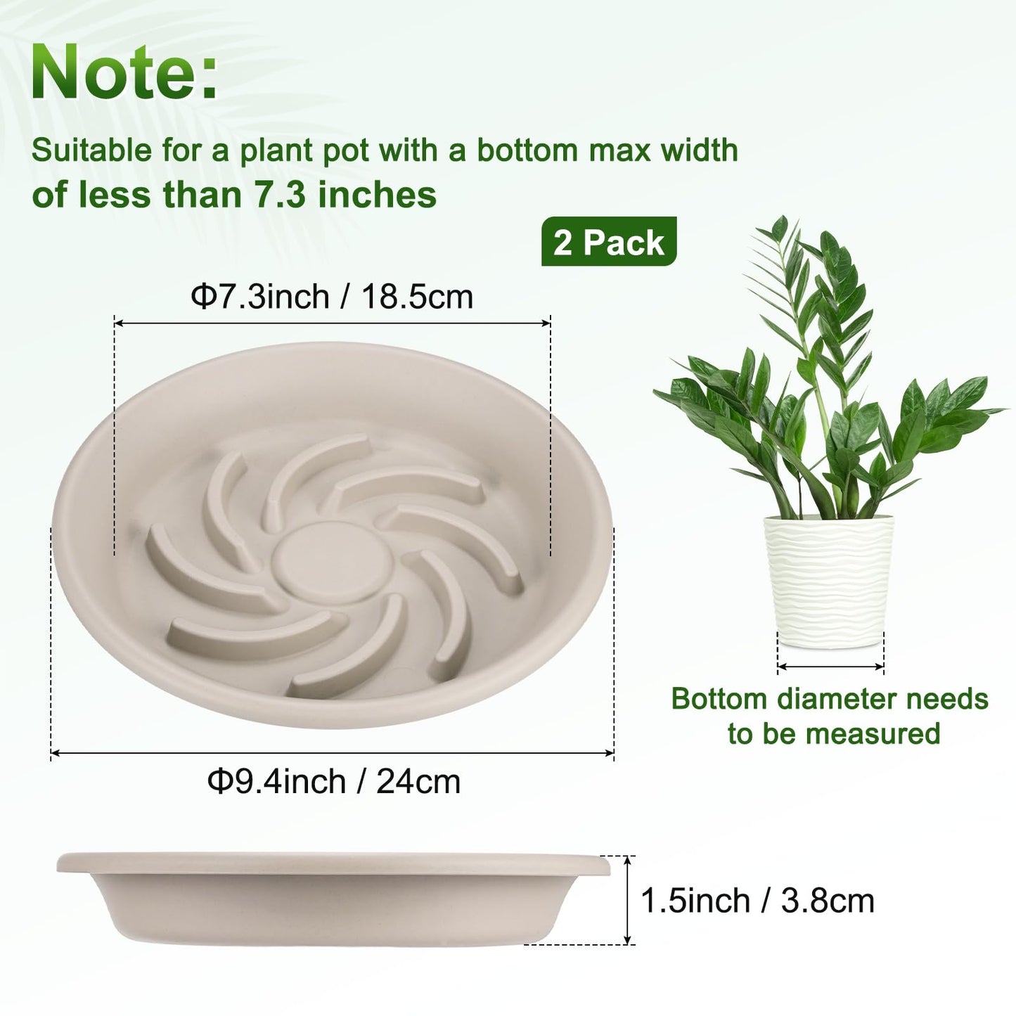 M METERXITY 2-Pack Plant Saucers, 7.3 Inch ID Anti-Rot Root Resin Flower Pot Plant Saucers for Indoor/Outdoor, Flowerpot Drip Tray [9.4 Inch OD, Gray White]