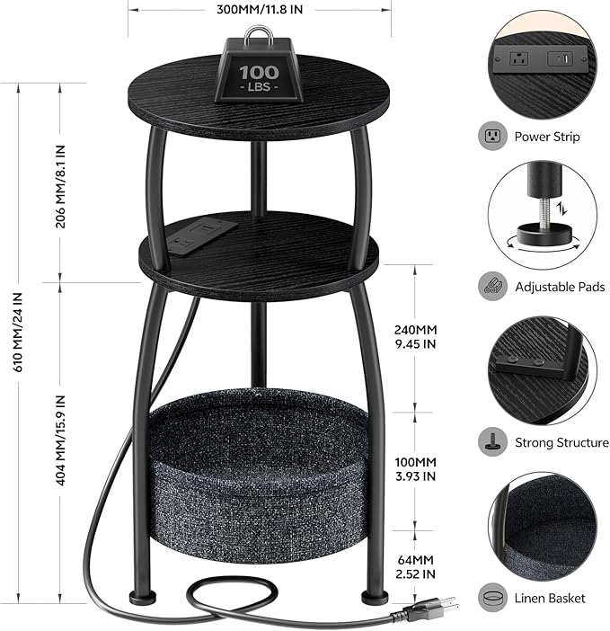 Round Side Table with Power Outlets, Small Coffee Table with S Basket, Space