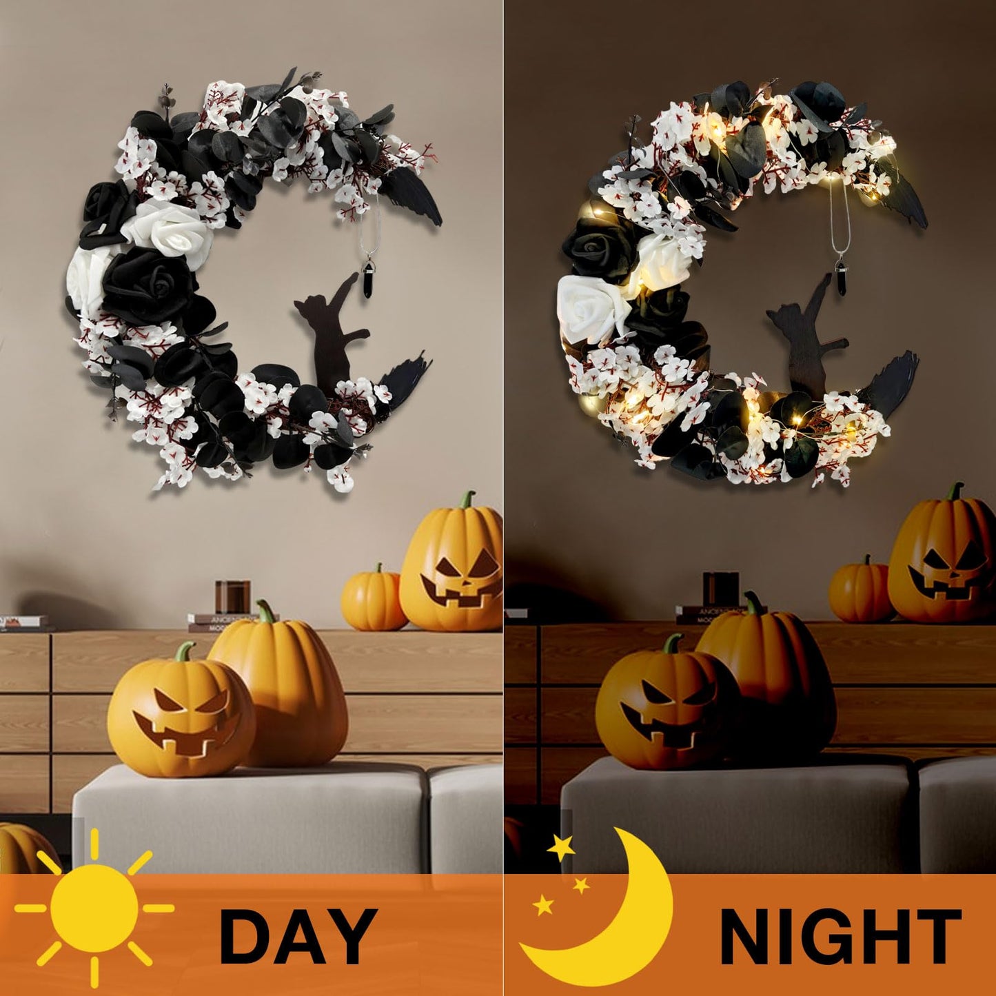 Halloween Wreath Moon Cat Black White Wreath Halloween Decor 13.7in×9.8in