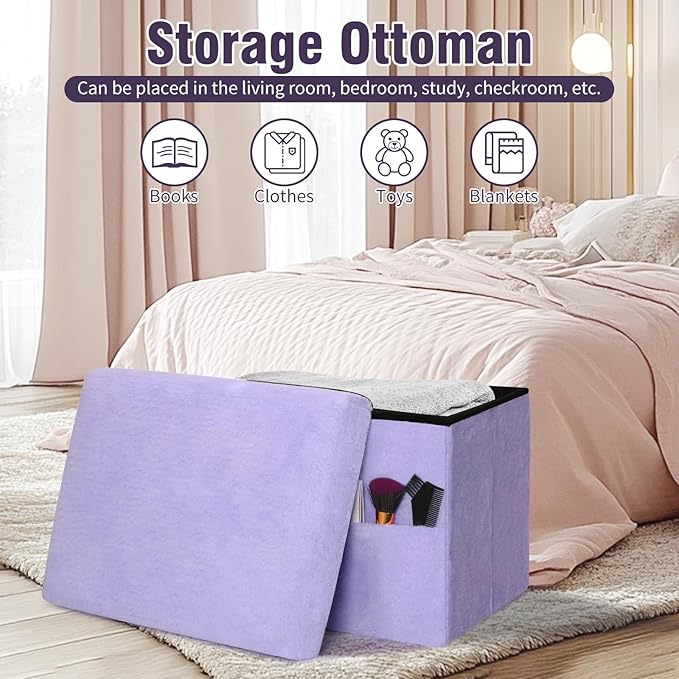 Small Ottoman with Storage, Folding Soft Fur Storage Foot Rest Stool with