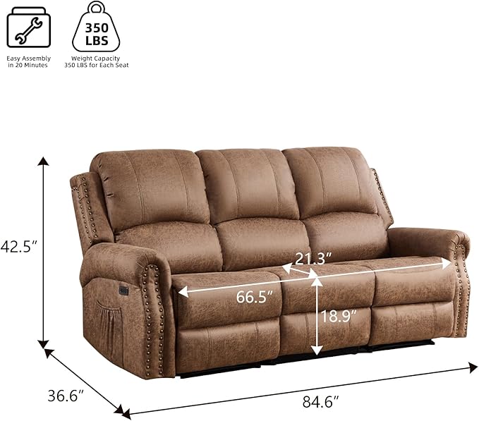 EBELLO Power Reclining Sofa for Living Room, Faux Leather 3 Seater Reclining