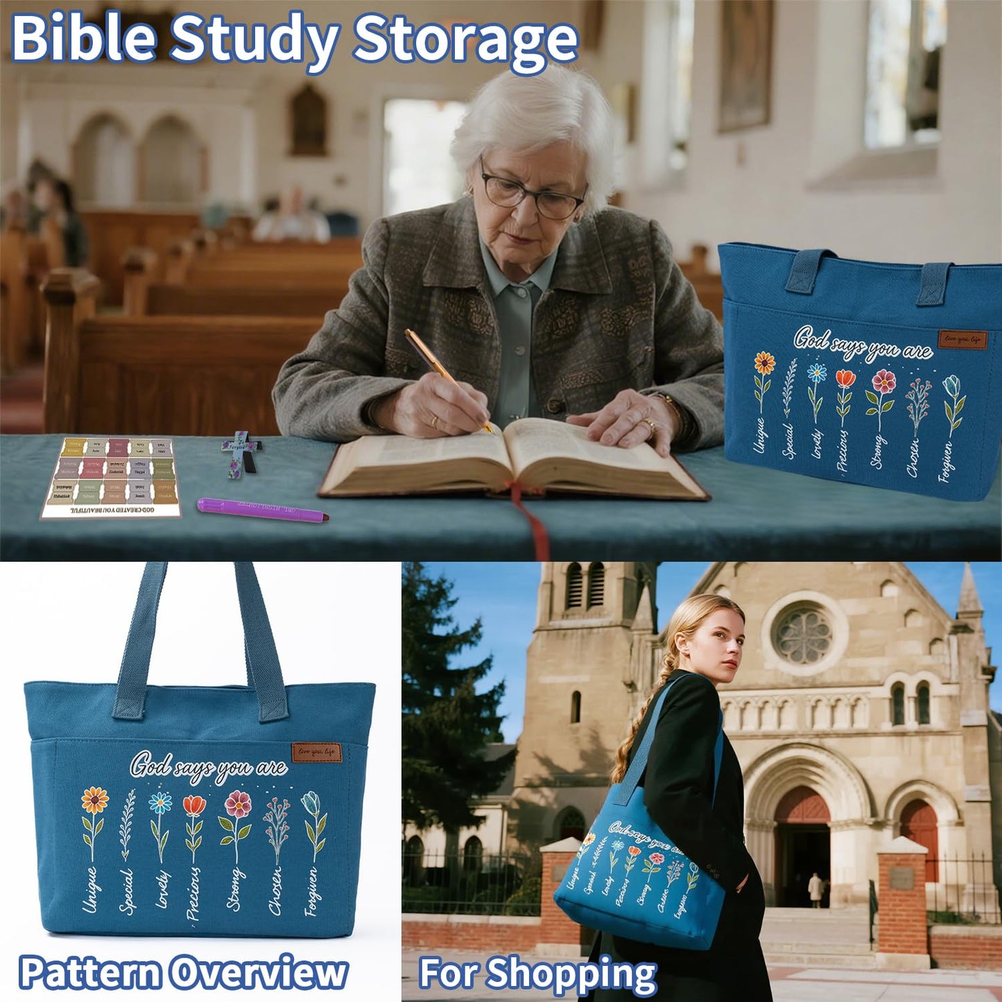 25 PCS Bible Study Supplies Kit, Large Capacity Canvas Tote Bag for Women Organizer, Bible Highlighters and Quick Dry Pens No Bleed Through, Notebook Bible Tabs Cross Bookmark Journaling Accessories