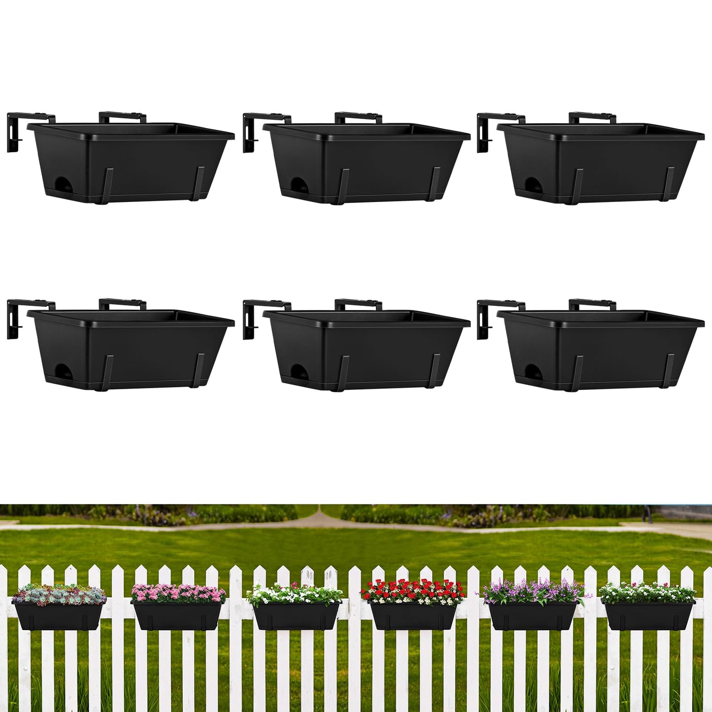 ETELI Railing Planter Hanging and Planter Box Brackets Set 6 Pack Adjustable Deck Window Boxes Planters with Drainage Holes for Garden Railing Fence, Black