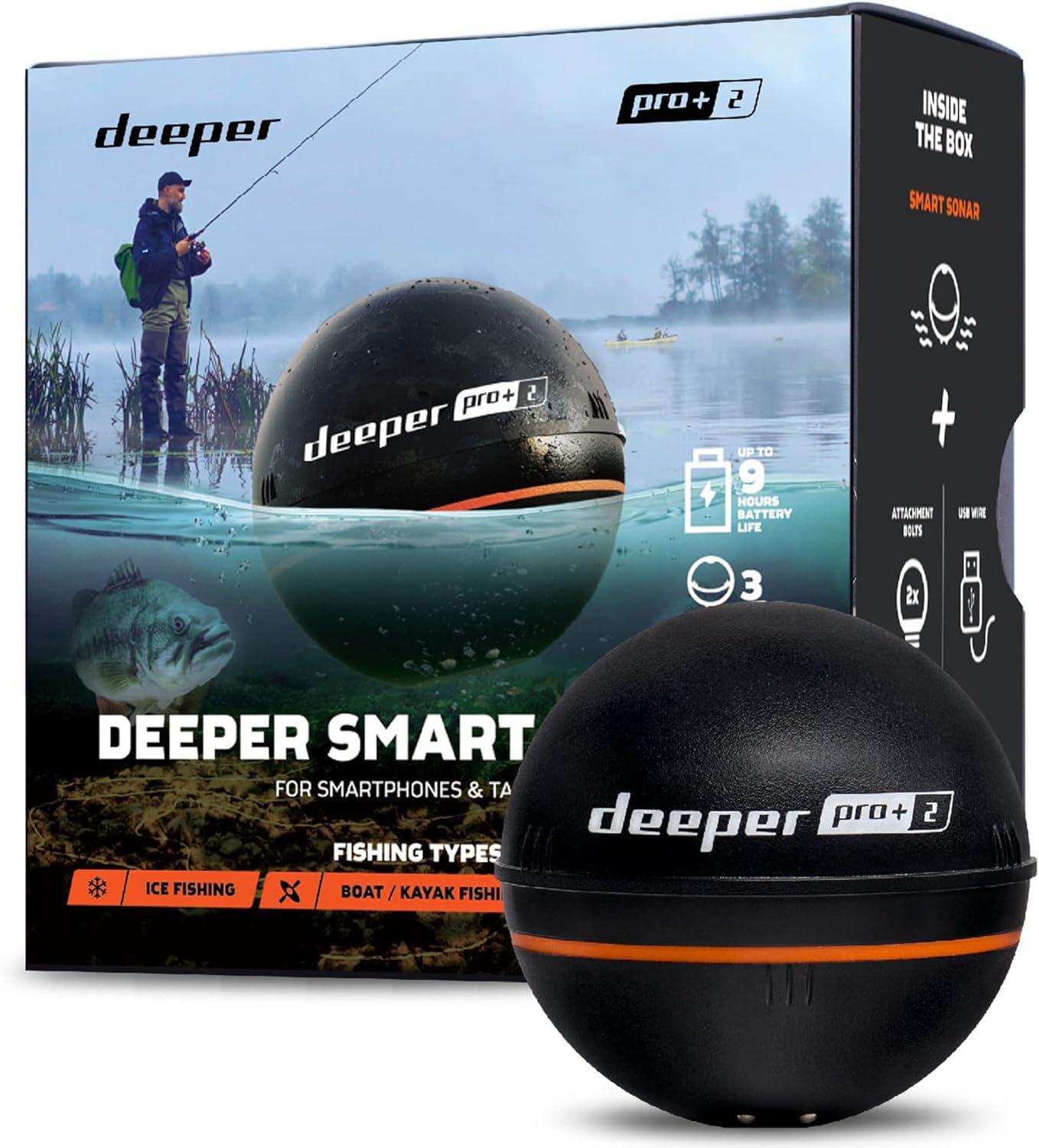Deeper PRO+ 2 Sonar - Portable Fish Finder and Depth Finder for Kayaks, Boats and Ice Fishing with GPS Enabled | Castable Deeper Sonar with Free User Friendly App