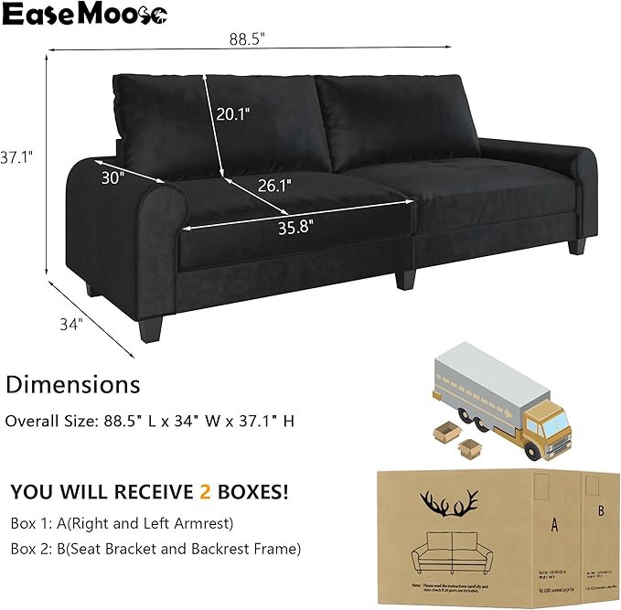 EASE MOOSE 88.5" Large Seat Velvet Loveseat Sofa, Soft Deep Seat Couches