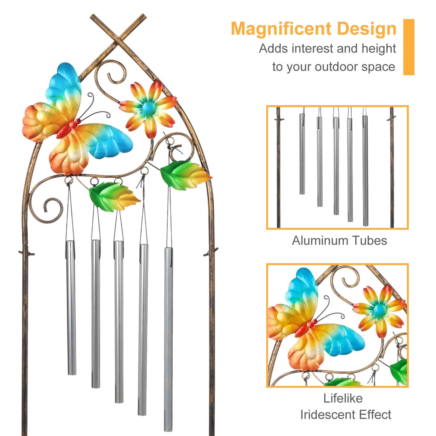 Garden Trellis with Plant Stands, 48” Metal Detachable Butterfly Plant Pot Trellis with Wind Chimes for Climbing Plants Outdoor Lawn Patio Porches Decor
