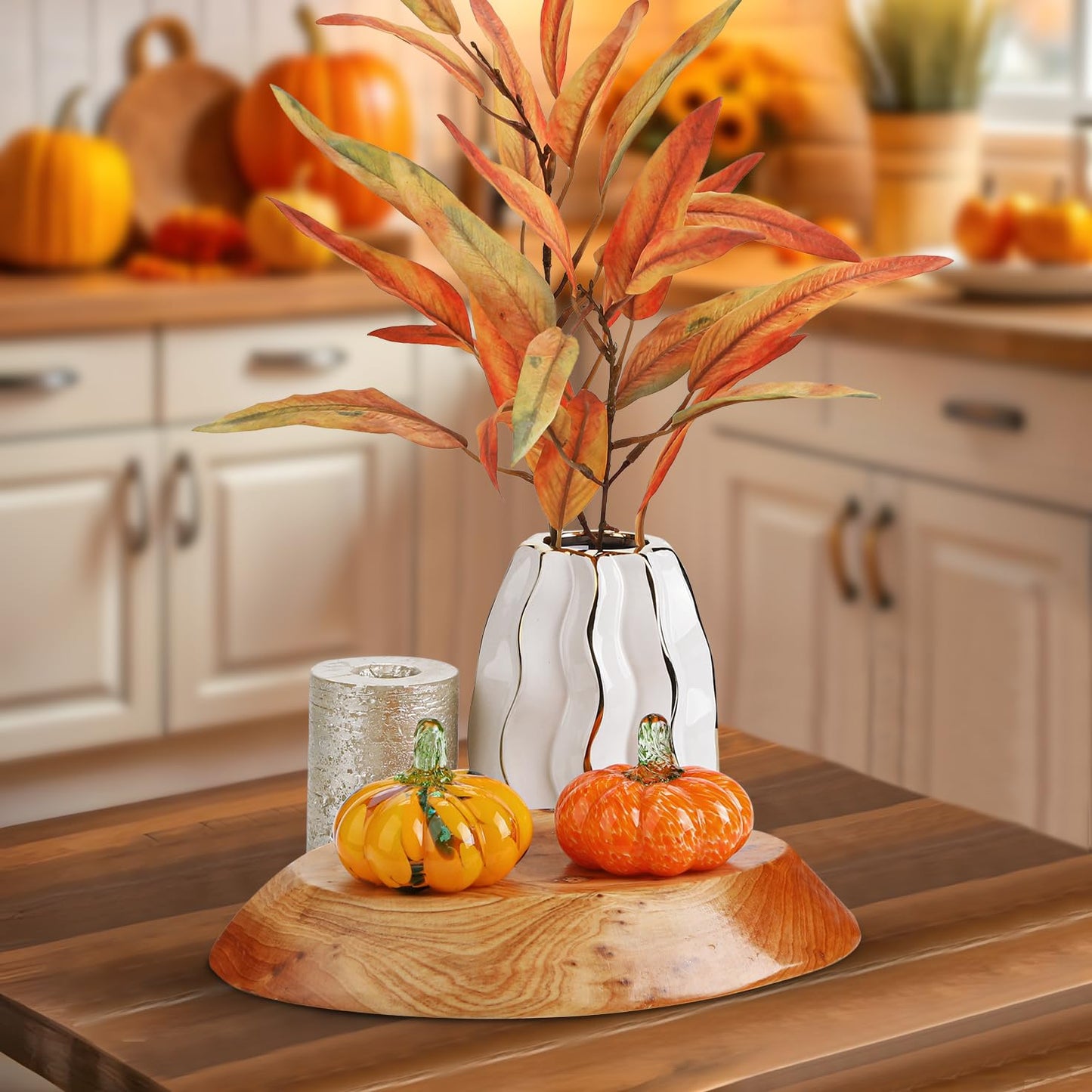 Glass Pumpkin Fall Decor Set – 2 PCS Handblown Pumpkins for Autumn Decorations, Halloween, Thanksgiving, Harvest Table Centerpiece, Mantel Fall Accents