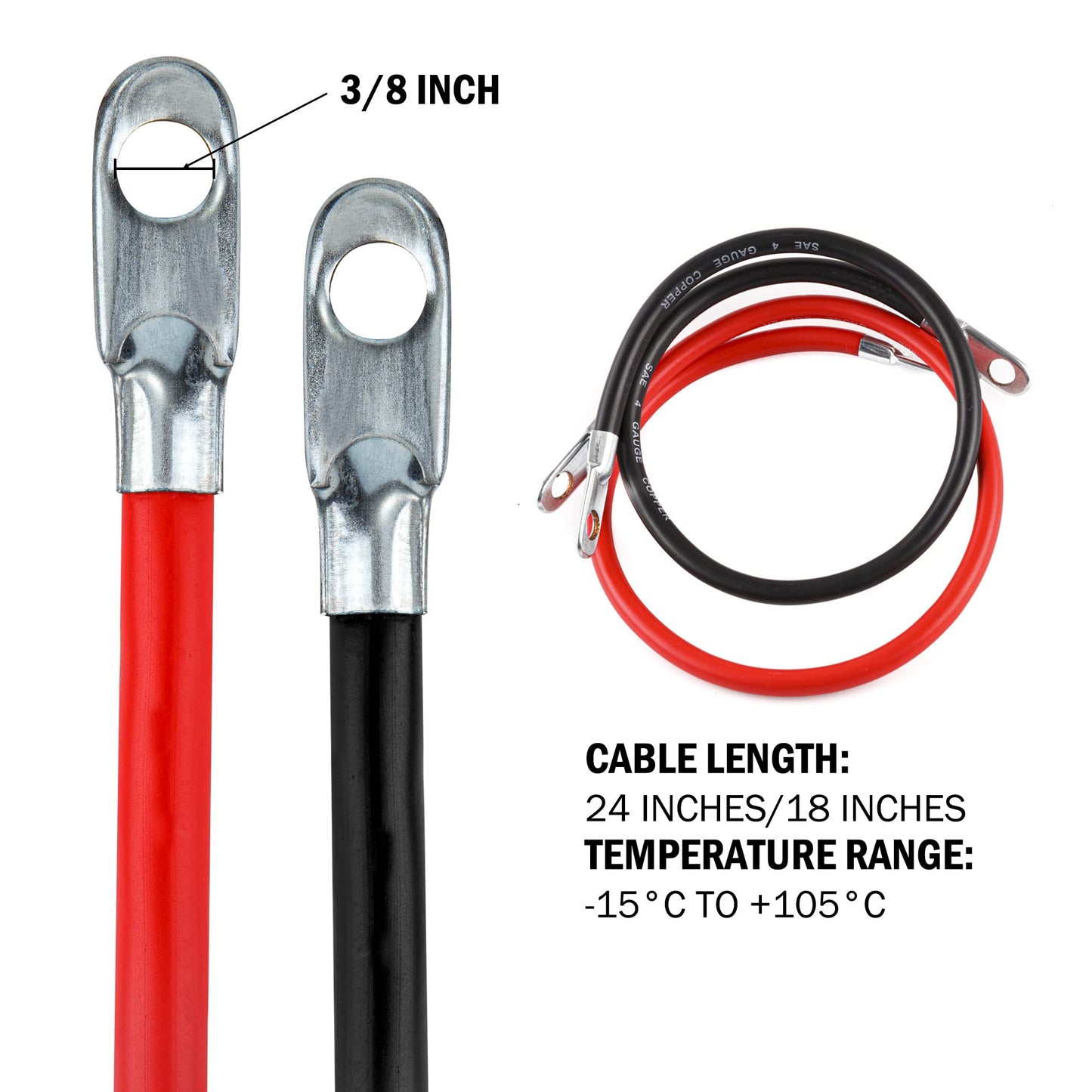 Cartman 4AWG 18-Inch Battery Inverter Cables Set, 4Gauge x 18" (1 Positive & 1 Negtive) for Car, Truck, RV, Solar