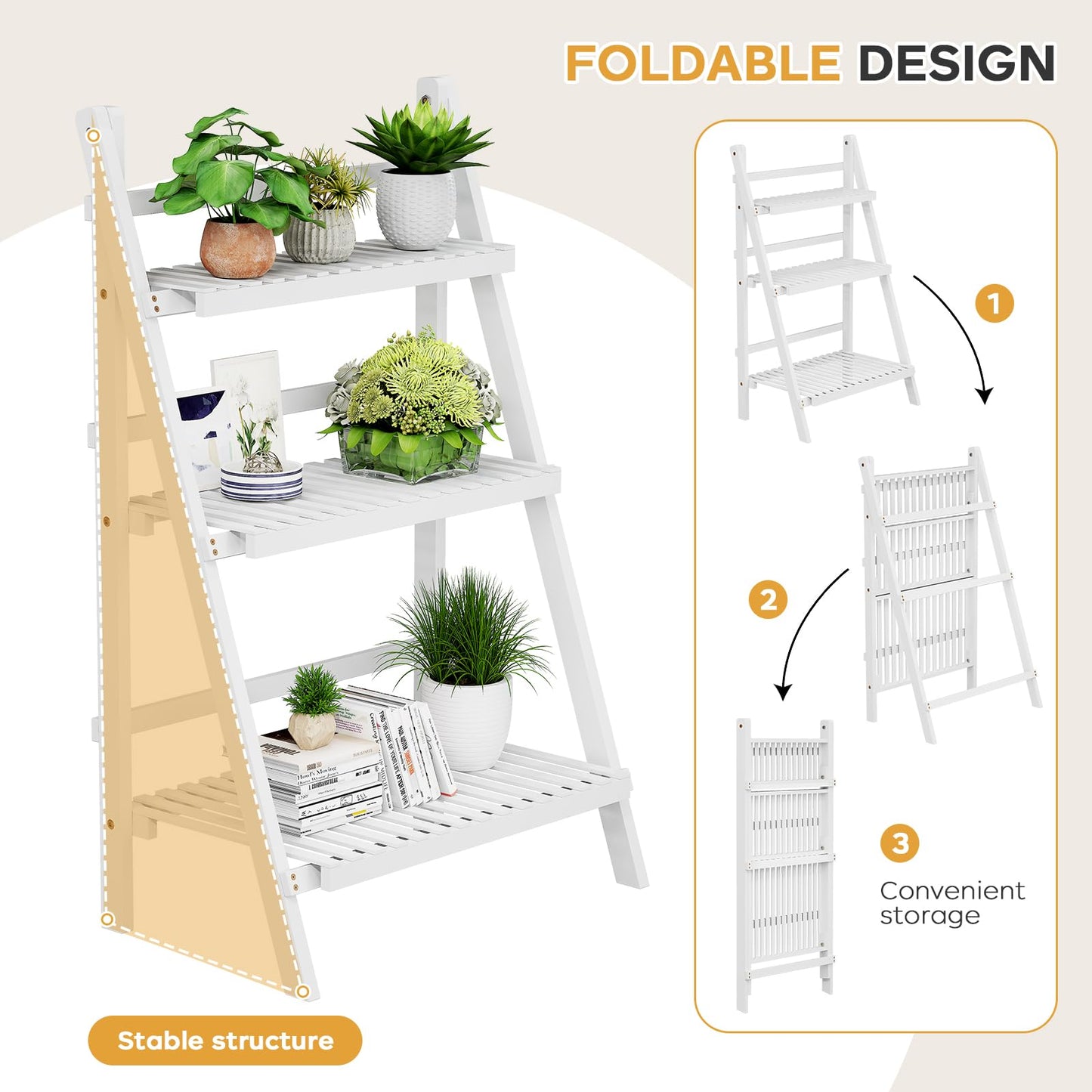 oakvivo Bamboo Bookshelf 3-Tier Ladder Shelf, 39.4” Freestanding Open Bookcase Book Shelf Bathroom Storage Shelf Unit Plant Stand for Small Space, Living Room, Bedroom, Home Office, White
