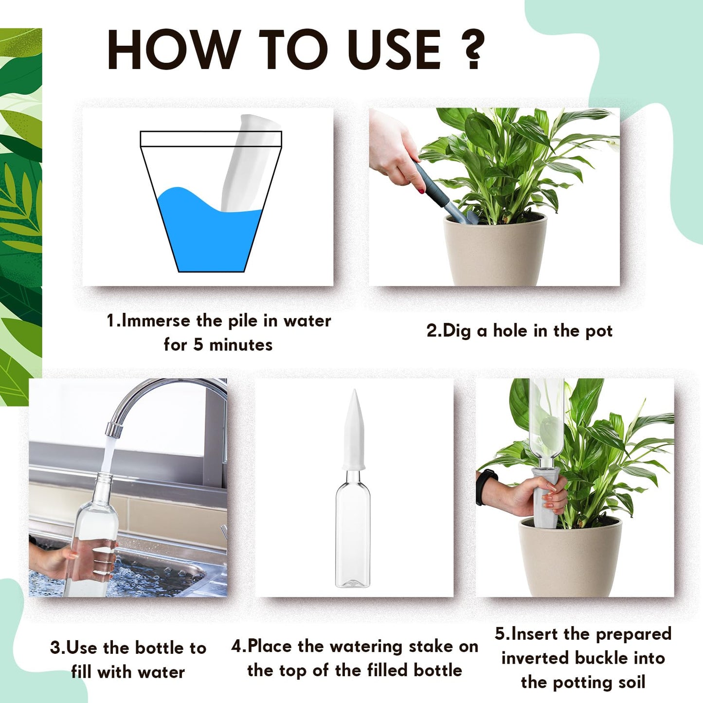 Ziliny 8 Pcs White Terracotta Watering Spikes with 25 oz Plastic Bottles Set, Plant Watering Devices Vacation Plant Waterer Self Watering Planter Devices Slow Release Planter for Indoor Outdoor